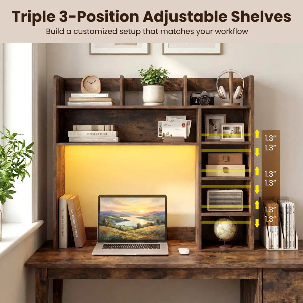 Desktop Bookshelf with LED Lights 35.5 inch Desk Hutch Storage Organizer-Rustic Brown - Rustic Brown - Bookcases