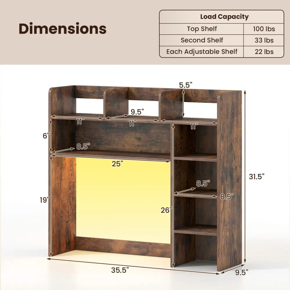 Desktop Bookshelf with LED Lights 35.5 inch Desk Hutch Storage Organizer-Rustic Brown - Rustic Brown - Bookcases