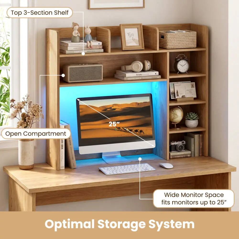 Desktop Bookshelf with LED Lights 35.5 inch Desk Hutch Storage Organizer-Natural - Natural - Bookcases