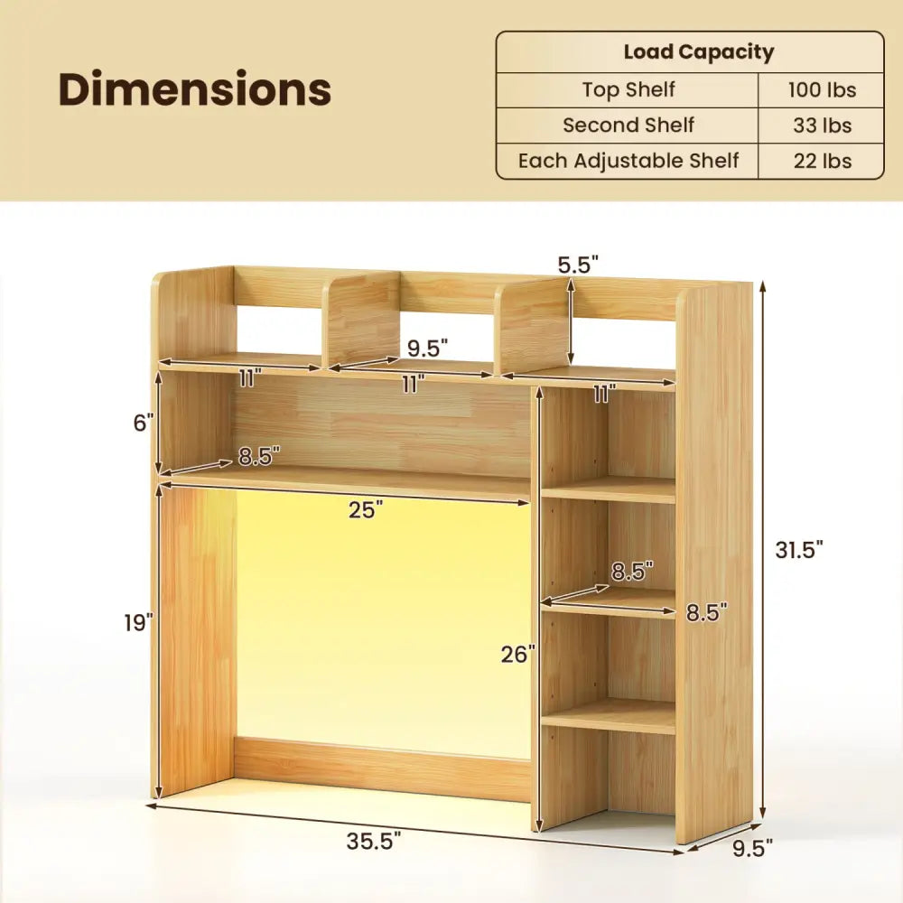 Desktop Bookshelf with LED Lights 35.5 inch Desk Hutch Storage Organizer-Beige - Beige - Bookcases