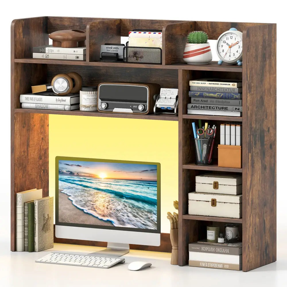 Desktop Bookshelf with LED Lights 35.5 inch Desk Hutch Storage Organizer-Rustic Brown - Rustic Brown - Bookcases