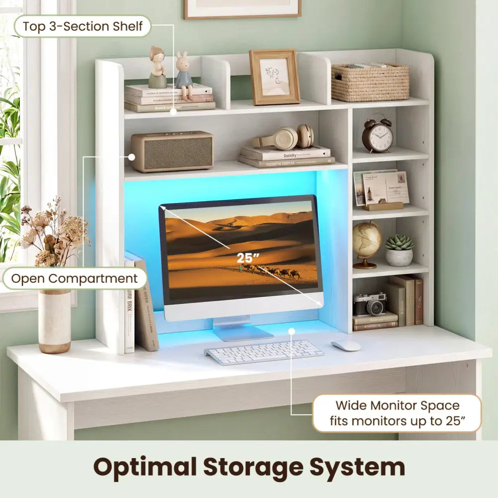 Desktop Bookshelf with LED Lights 35.5 inch Desk Hutch Storage Organizer-White - White - Bookcases