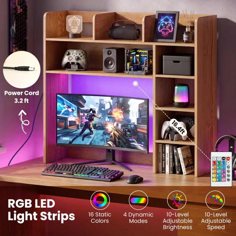 Desktop Bookshelf with LED Lights 35.5 inch Desk Hutch Storage Organizer-Natural - Natural - Bookcases