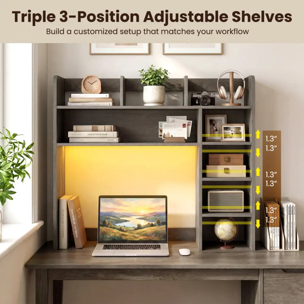 Desktop Bookshelf with LED Lights 35.5 inch Desk Hutch Storage Organizer-Oak - Oak - Bookcases
