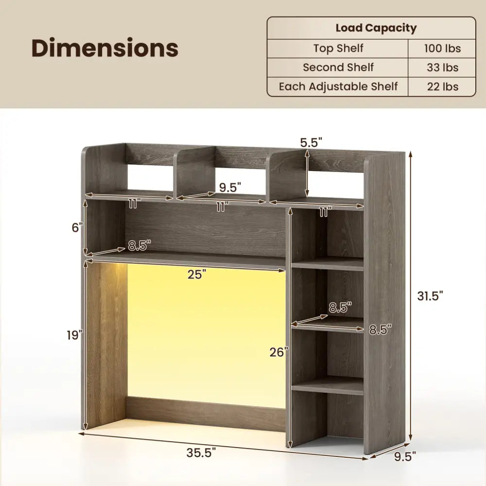 Desktop Bookshelf with LED Lights 35.5 inch Desk Hutch Storage Organizer-Oak - Oak - Bookcases