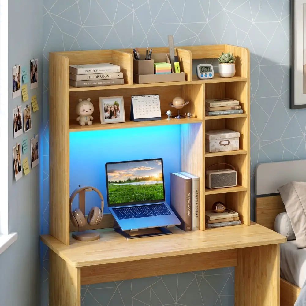 Desktop Bookshelf with LED Lights 35.5 inch Desk Hutch Storage Organizer-Beige - Beige - Bookcases