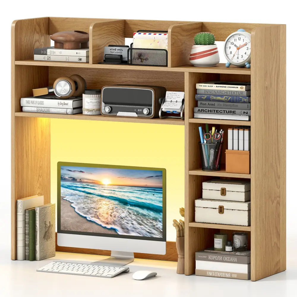 Desktop Bookshelf with LED Lights 35.5 inch Desk Hutch Storage Organizer-Natural - Natural - Bookcases