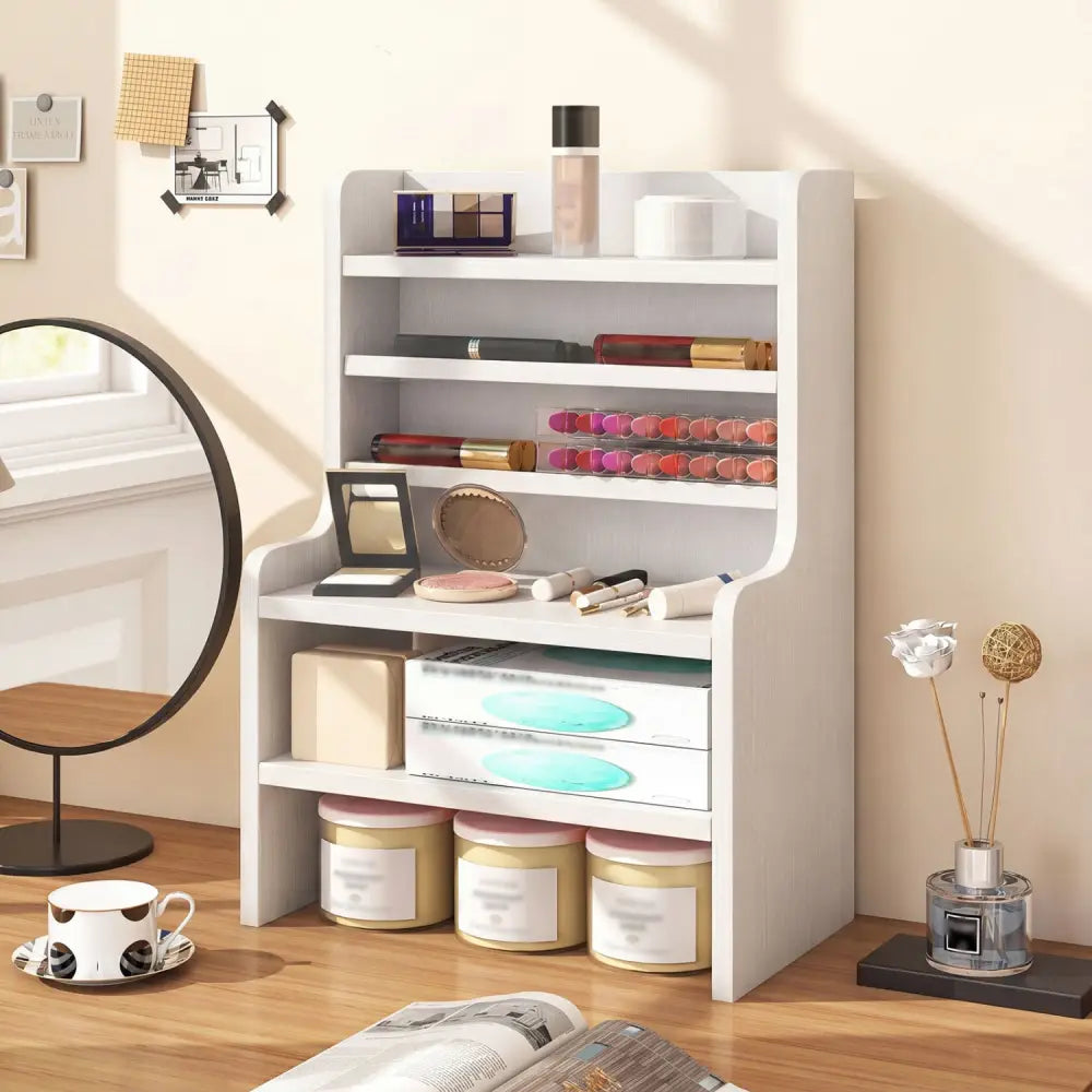 Desktop Organizer 6-Tier Mini Storage Rack with 2 Removable Shelves-White - White - Bookcases