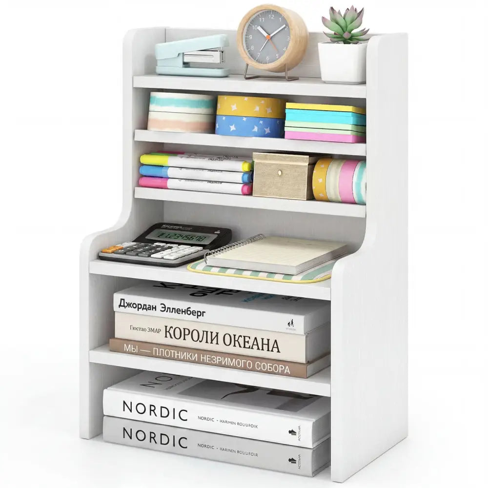Desktop Organizer 6-Tier Mini Storage Rack with 2 Removable Shelves-White - White - Bookcases