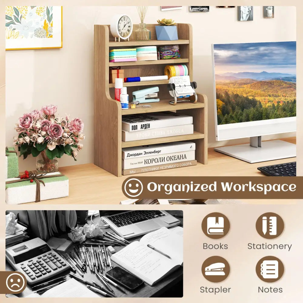 Desktop Organizer 6-Tier Mini Storage Rack with 2 Removable Shelves-Natural - Natural - Bookcases