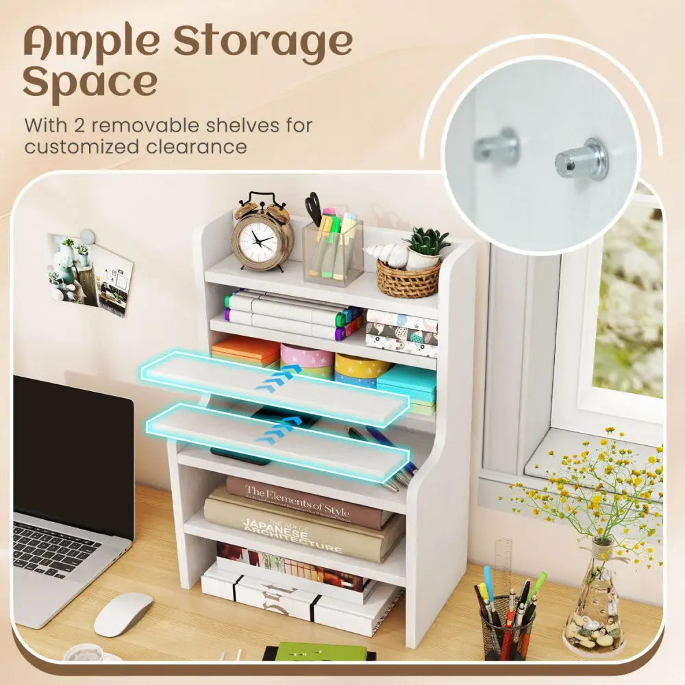 Desktop Organizer 6-Tier Mini Storage Rack with 2 Removable Shelves-White - White - Bookcases