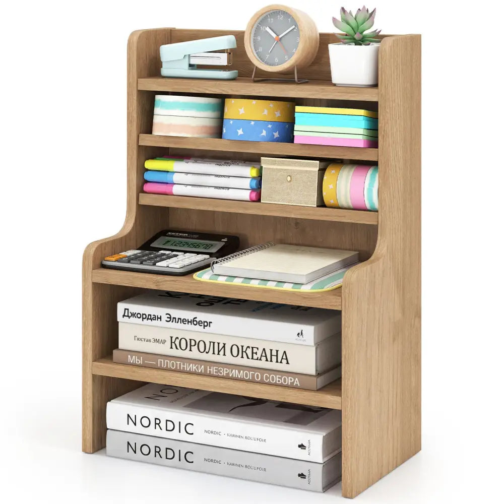 Desktop Organizer 6-Tier Mini Storage Rack with 2 Removable Shelves-Natural - Natural - Bookcases