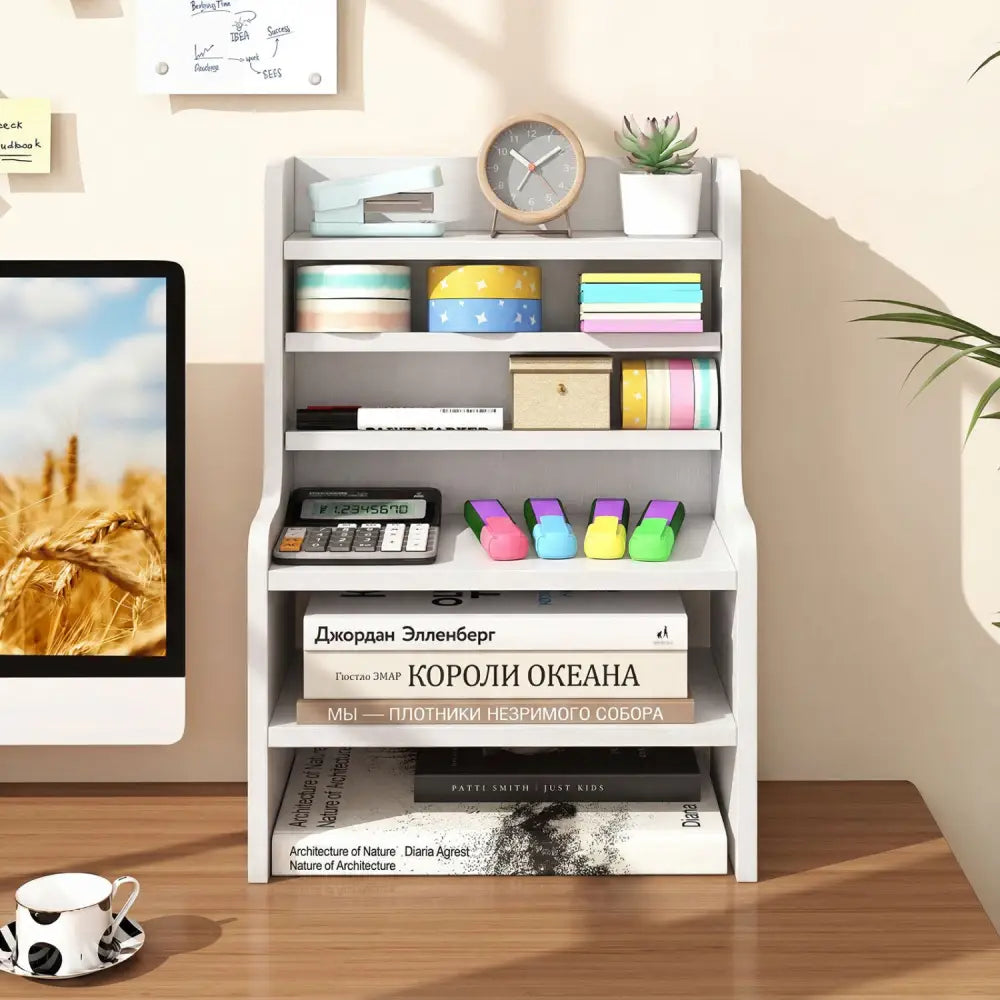 Desktop Organizer 6-Tier Mini Storage Rack with 2 Removable Shelves-White - White - Bookcases
