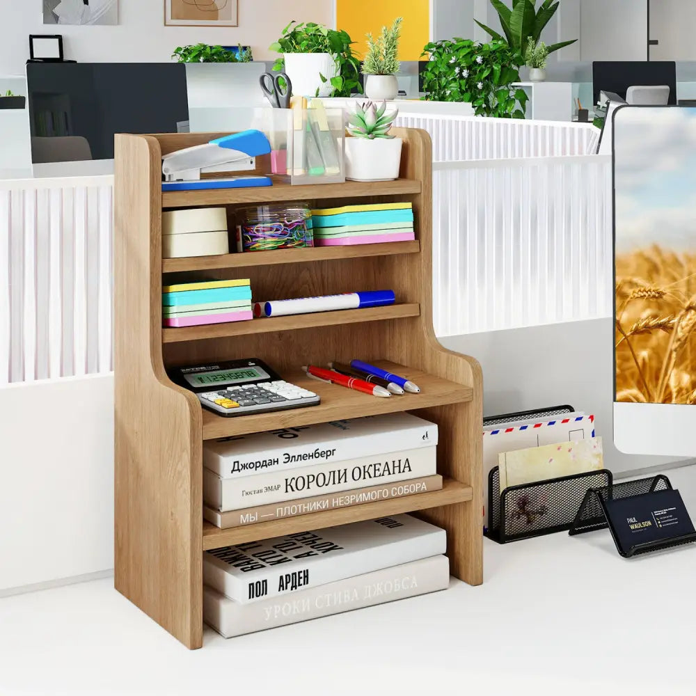 Desktop Organizer 6-Tier Mini Storage Rack with 2 Removable Shelves-Natural - Natural - Bookcases