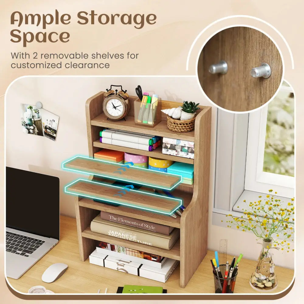 Desktop Organizer 6-Tier Mini Storage Rack with 2 Removable Shelves-Natural - Natural - Bookcases