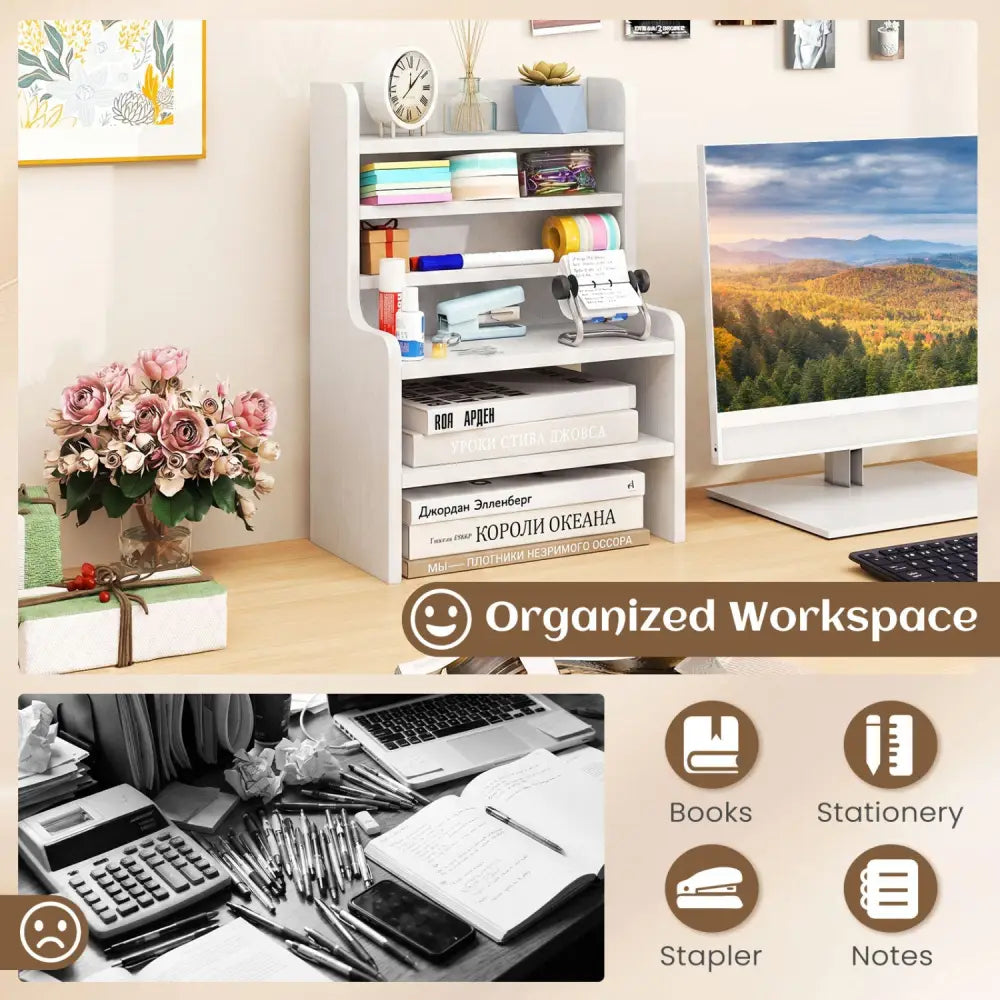 Desktop Organizer 6-Tier Mini Storage Rack with 2 Removable Shelves-White - White - Bookcases