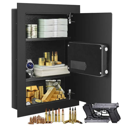 Digital Flat Recessed Wall Safe Security Lock Gun Cash Box-Black - Black - Safe Box