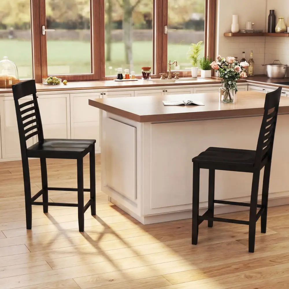 Dining Chair Set of 2 with Footrests and Solid Wood Frame-Black - Black - Dining Chairs