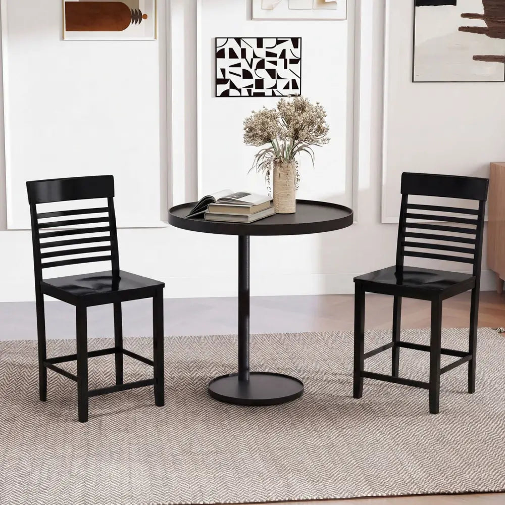 Dining Chair Set of 2 with Footrests and Solid Wood Frame-Black - Black - Dining Chairs