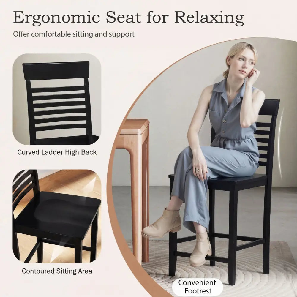 Dining Chair Set of 2 with Footrests and Solid Wood Frame-Black - Black - Dining Chairs