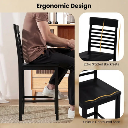 Dining Chair Set of 2 with Footrests and Solid Wood Frame-Black - Black - Dining Chairs