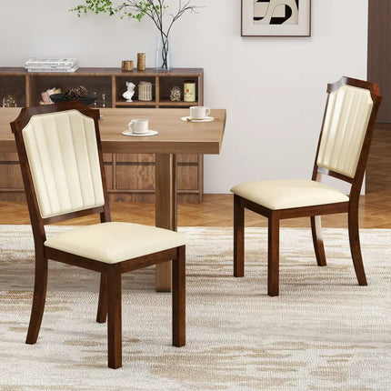 Dining Chair Set of 2 with PU Leather and Rubber Wood Frame-Brown - Brown - Dining Chairs