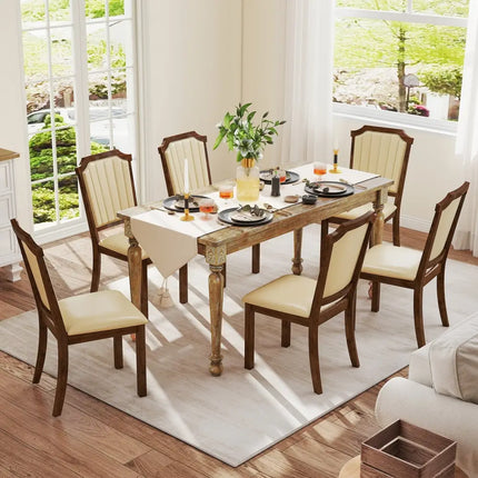 Dining Chair Set of 2 with PU Leather and Rubber Wood Frame-Brown - Brown - Dining Chairs