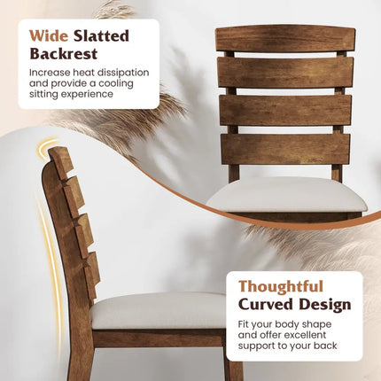 Dining Chair Set of 2 with Slatted High Backrest and Rubber Wood Legs-Brown - Brown - Dining Chairs