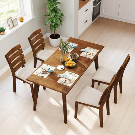 Dining Chair Set of 2 with Slatted High Backrest and Rubber Wood Legs-Brown - Brown - Dining Chairs
