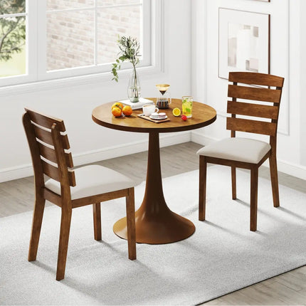 Dining Chair Set of 2 with Slatted High Backrest and Rubber Wood Legs-Brown - Brown - Dining Chairs
