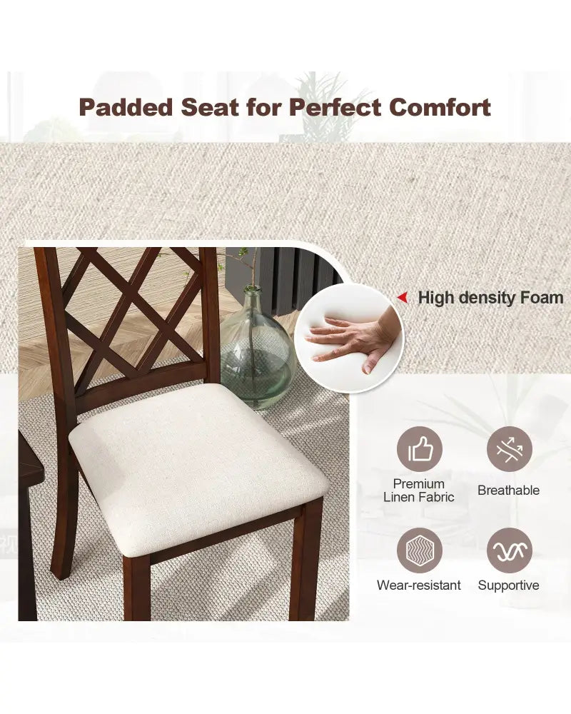 Dining Chair Set of 2 Wood Kitchen Chairs with Upholstered Seat Cushion and Rubber Wood Legs-Brown - Brown - Dining