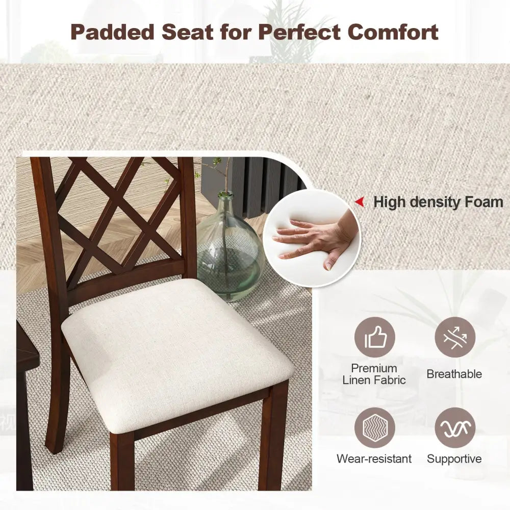 Dining Chair Set of 2 Wood Kitchen Chairs with Upholstered Seat Cushion and Rubber Wood Legs-Brown - Brown - Dining