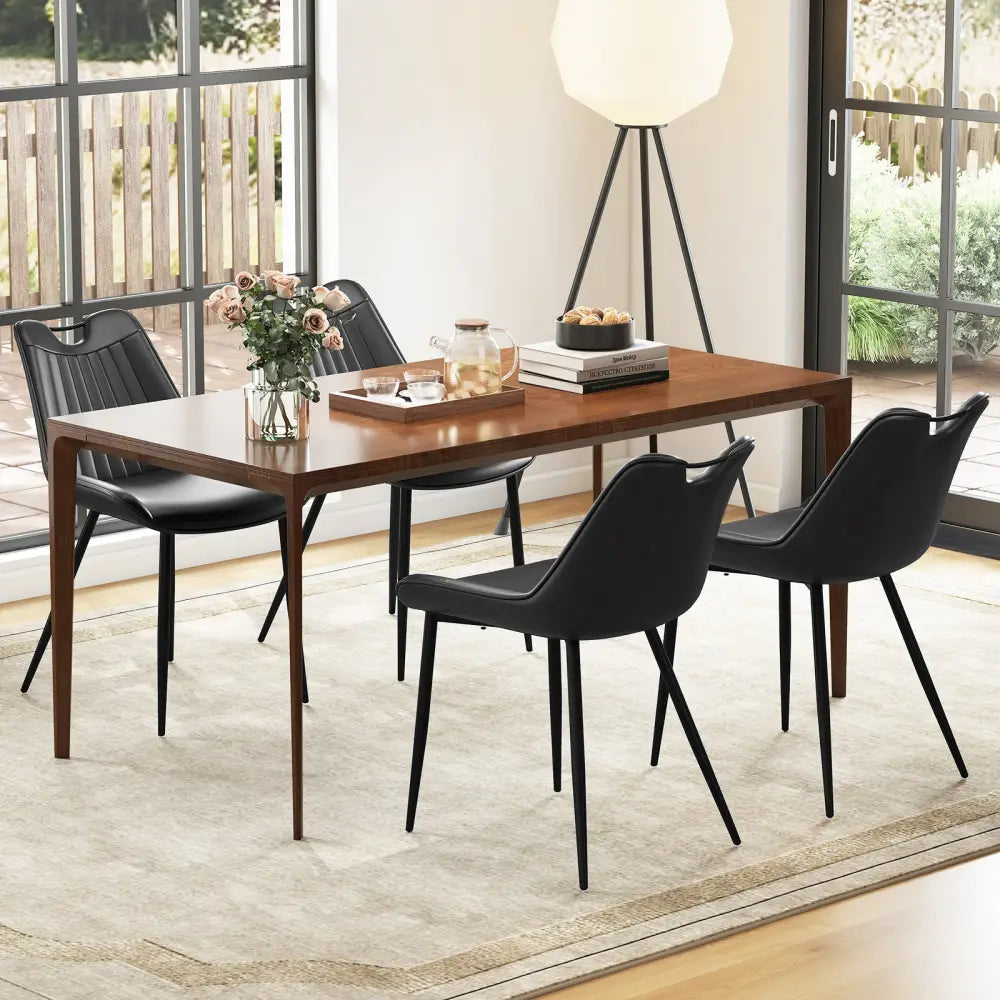 Dining Chair Set of 4 Faux Leather Upholstered Kitchen Chairs with Metal Legs-Black - Black - Dining Chairs