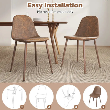 Dining Chair Set of 4 Faux PU Leather Upholstered Kitchen Chairs with Metal Legs-Brown - Brown - Dining Chairs