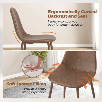 Dining Chair Set of 4 Faux PU Leather Upholstered Kitchen Chairs with Metal Legs-Brown - Brown - Dining Chairs