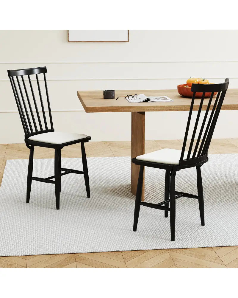 Dining Chairs Set of 2 Farmhouse Solid Rubber Wood Windsor Chairs with Removable Seat Cushions-Black - Black - Dining