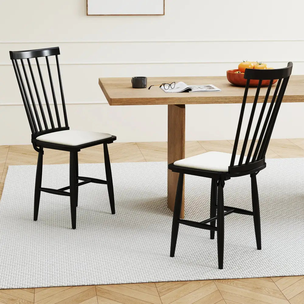Dining Chairs Set of 2 Farmhouse Solid Rubber Wood Windsor Chairs with Removable Seat Cushions-Black - Black - Dining