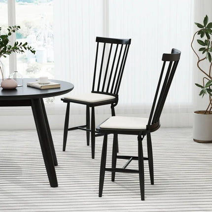 Dining Chairs Set of 2 Farmhouse Solid Rubber Wood Windsor Chairs with Removable Seat Cushions-Black - Black - Dining