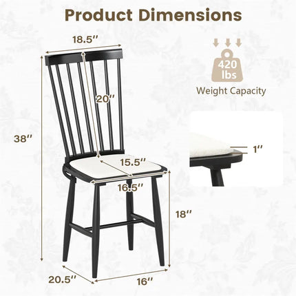 Dining Chairs Set of 2 Farmhouse Solid Rubber Wood Windsor Chairs with Removable Seat Cushions-Black - Black - Dining