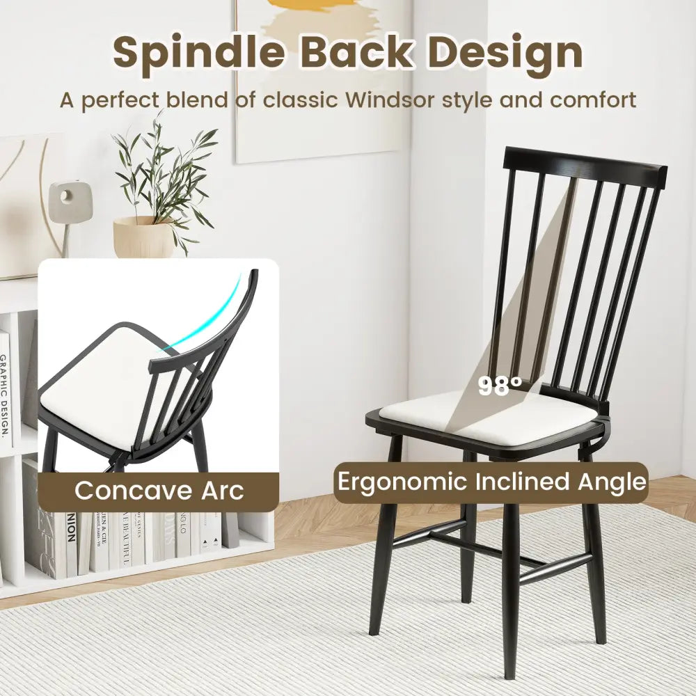 Dining Chairs Set of 2 Farmhouse Solid Rubber Wood Windsor Chairs with Removable Seat Cushions-Black - Black - Dining