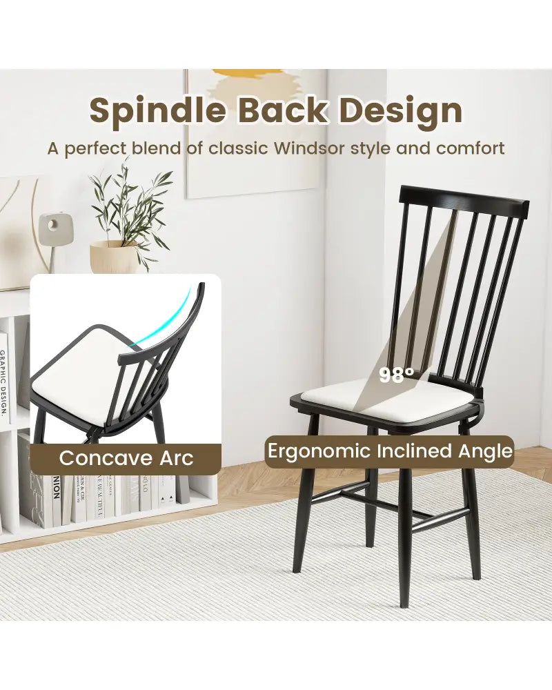 Dining Chairs Set of 2 Farmhouse Solid Rubber Wood Windsor Chairs with Removable Seat Cushions-Black - Black - Dining
