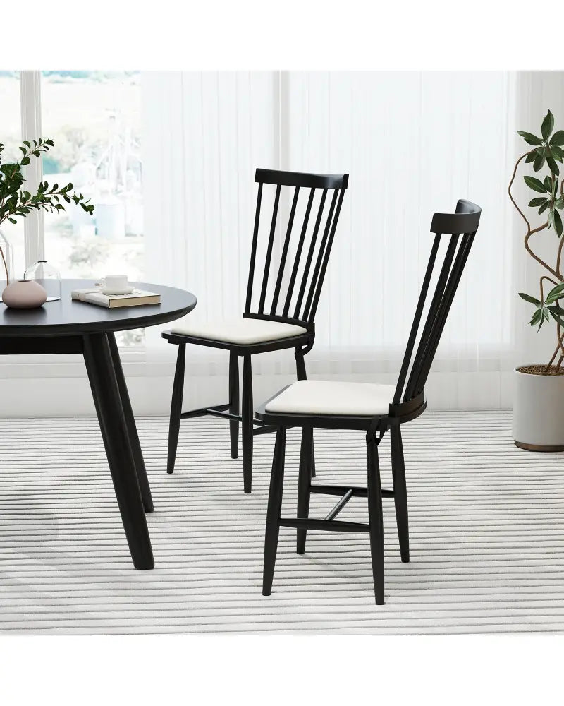 Dining Chairs Set of 2 Farmhouse Solid Rubber Wood Windsor Chairs with Removable Seat Cushions-Black - Black - Dining