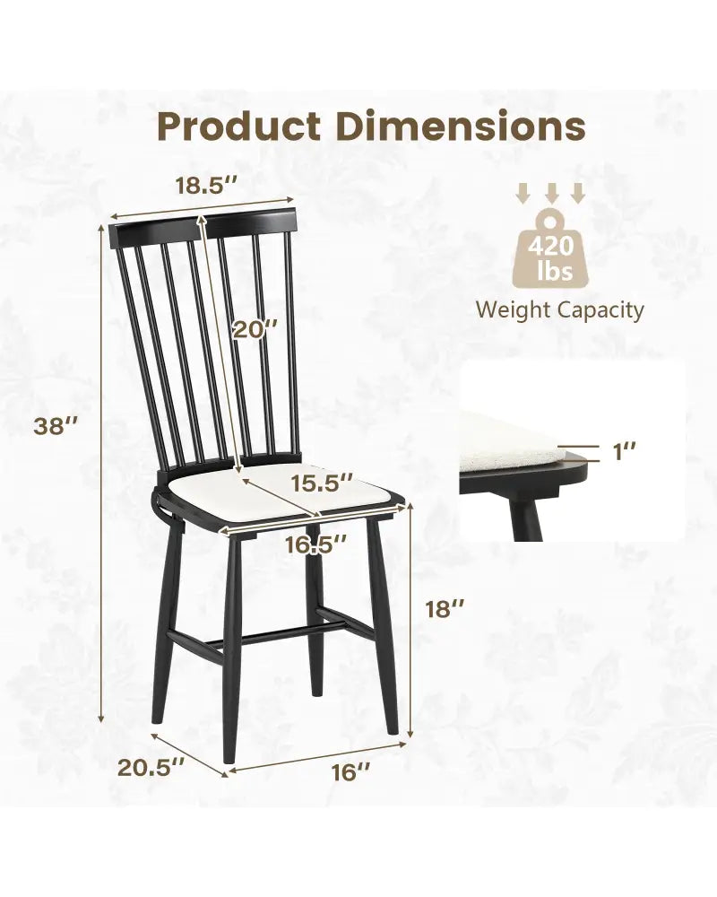 Dining Chairs Set of 2 Farmhouse Solid Rubber Wood Windsor Chairs with Removable Seat Cushions-Black - Black - Dining