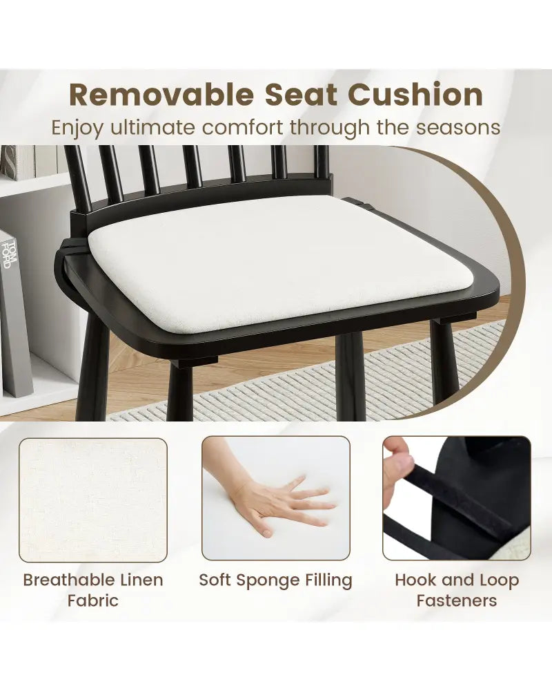 Dining Chairs Set of 2 Farmhouse Solid Rubber Wood Windsor Chairs with Removable Seat Cushions-Black - Black - Dining