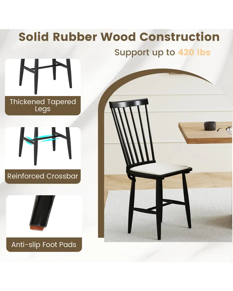 Dining Chairs Set of 2 Farmhouse Solid Rubber Wood Windsor Chairs with Removable Seat Cushions-Black - Black - Dining