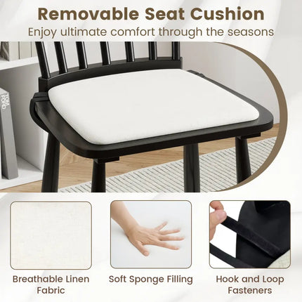 Dining Chairs Set of 2 Farmhouse Solid Rubber Wood Windsor Chairs with Removable Seat Cushions-Black - Black - Dining