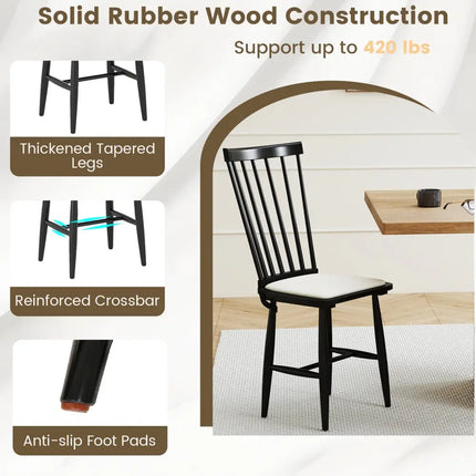 Dining Chairs Set of 2 Farmhouse Solid Rubber Wood Windsor Chairs with Removable Seat Cushions-Black - Black - Dining