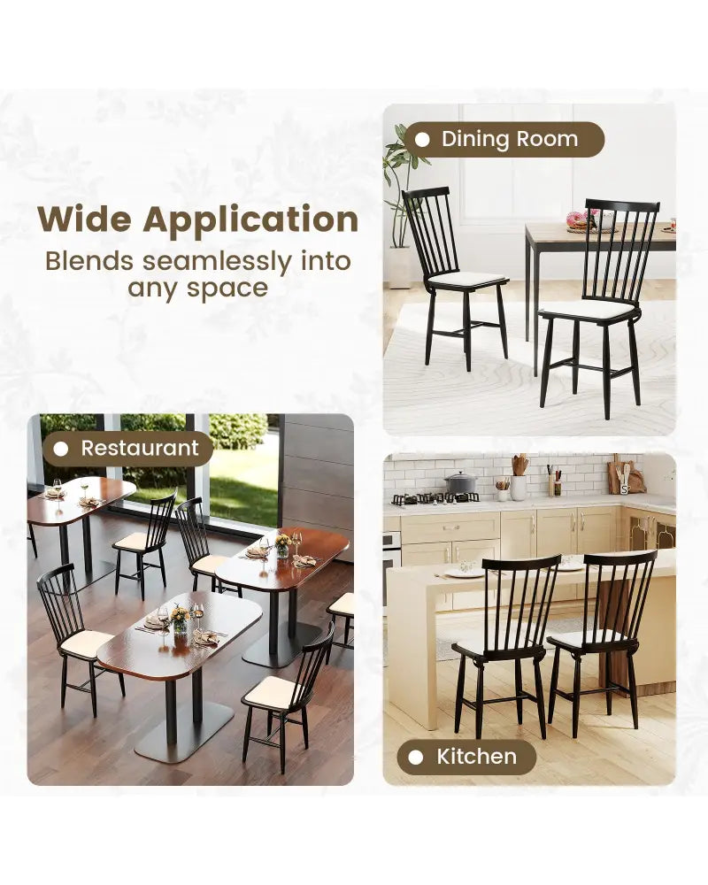 Dining Chairs Set of 2 Farmhouse Solid Rubber Wood Windsor Chairs with Removable Seat Cushions-Black - Black - Dining