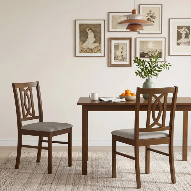 Dining Chairs Set of 2 Rubber Wood Dining Room Chairs with Hollowed Backrest-Walnut - Walnut - Dining Chairs