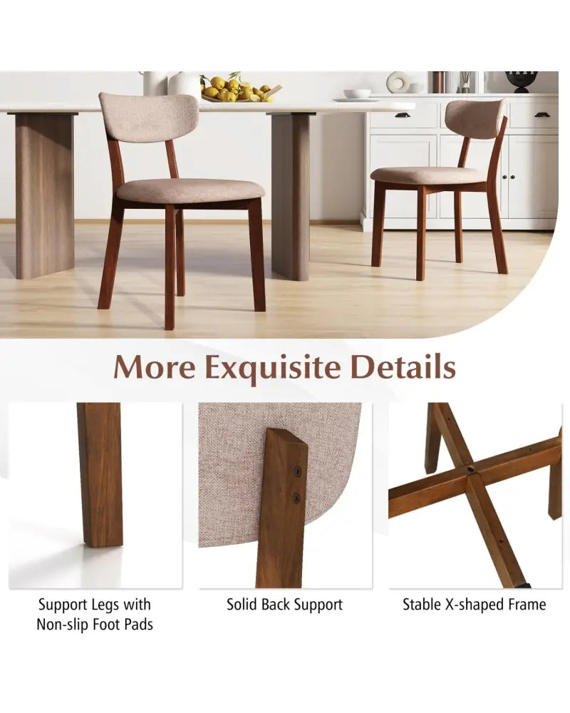 Dining Chairs Set of 2 Upholstered Mid-Back Chairs with Solid Rubber Wood Frame-Beige - Beige - Dining Chairs